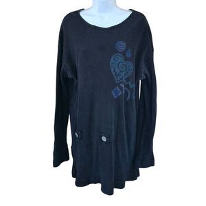 Long Sleeve Black waffle Knit Tunic With Heart & Swirls Design cottagecore boho
